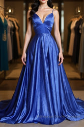 A Line V Neck Blue Long Semi Formal Prom Dresses, V Neck Blue Formal Graduation Evening Dresses